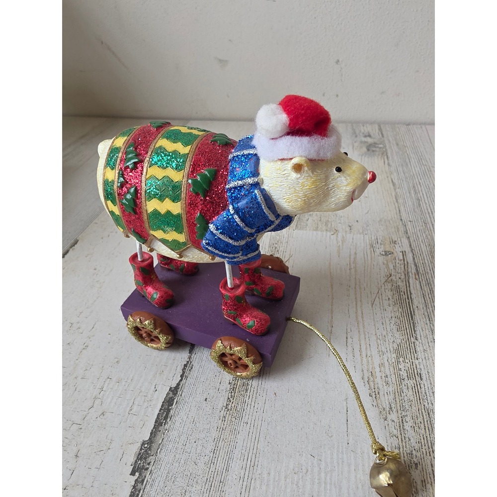Polar bear pull toy Statue figurine cart glitter Xmas decor